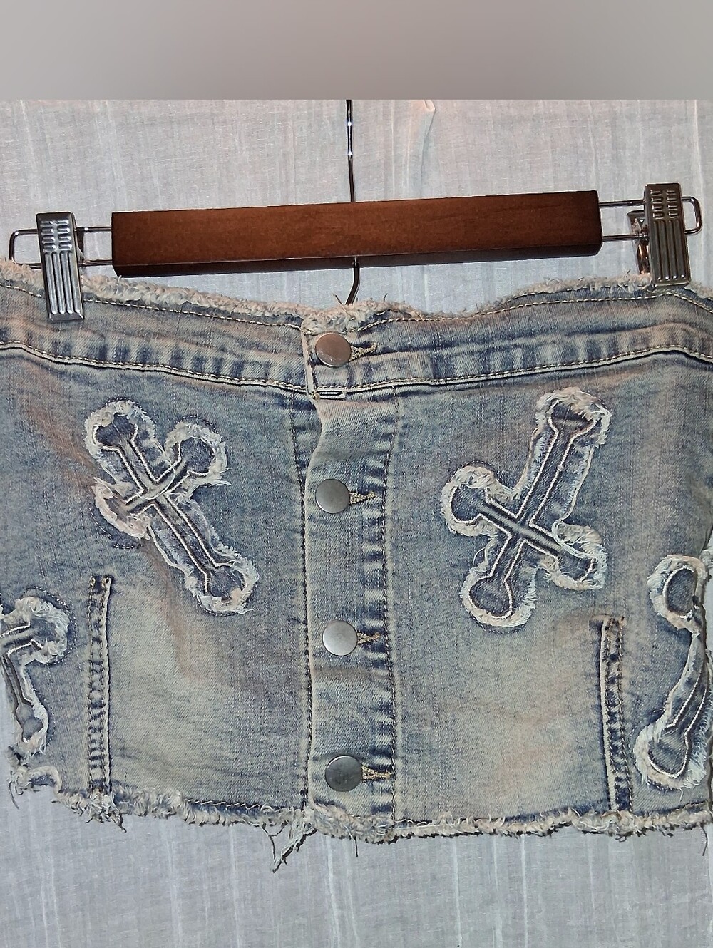 Light Blue Denim Frayed Cross-Appliqué Crop Top
